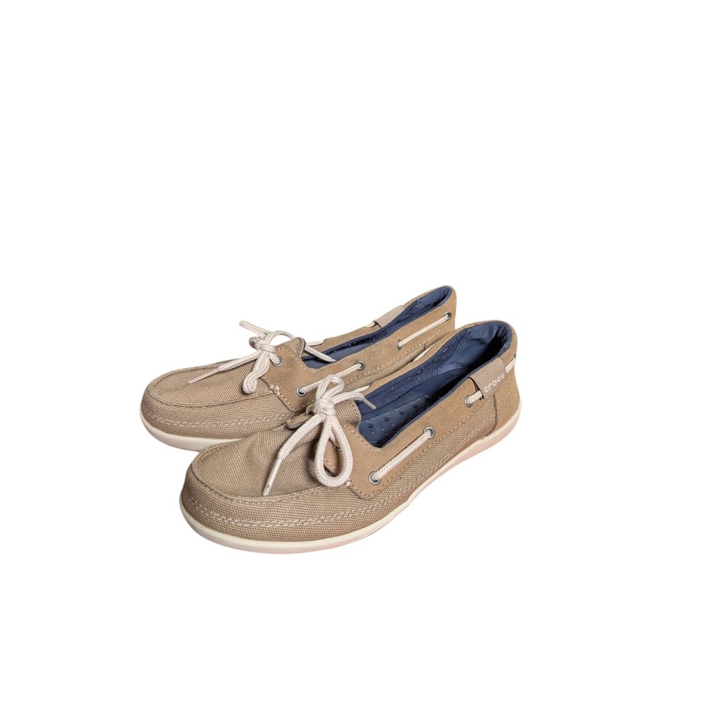 Crocs Beach‎ Line Boat Shoes Womens 7 Khaki Tan Canvas Suede Nautical Loafers